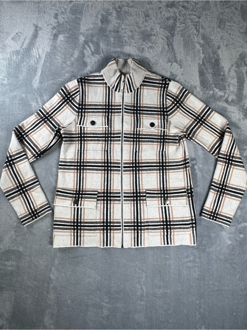 Rachel Zoe Cream Plaid Zip-Front Shirt Jacket with Black and Tan Stripes
